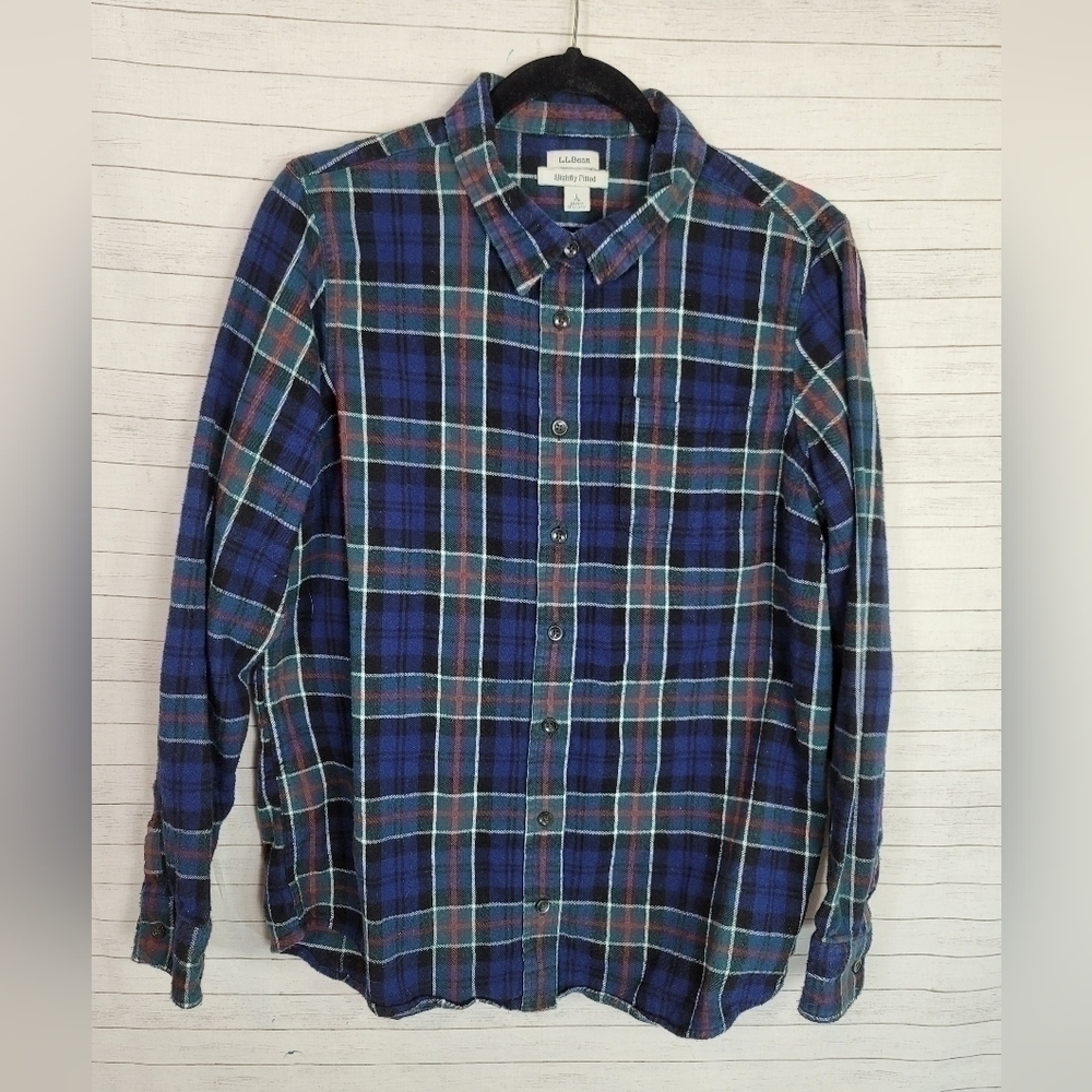 LL Bean Slightly Fitted Blue Green Scotch Flannel Plaid Button Down, sz Large